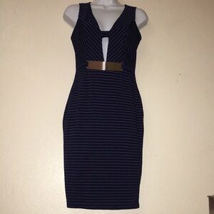 Blue pinstripe midi dress gold hardware detail on bust. Wore twice.